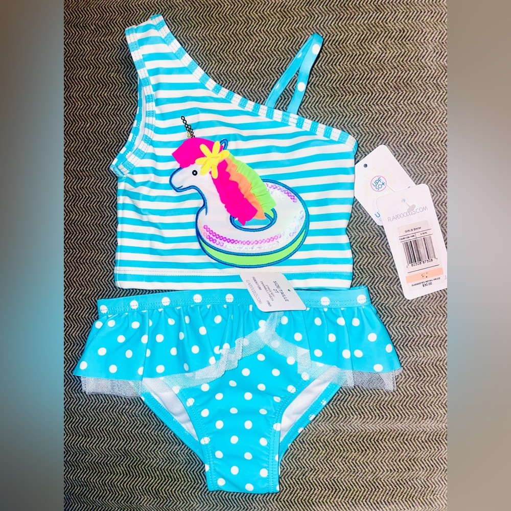 Flapdoodles Little Girls 2T Pink White Blue 2 Piece unicorn Bikini NWT